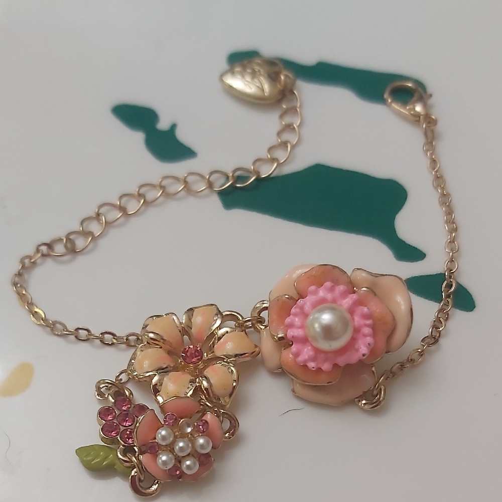 Betsy Johnson Floral Gold Bracelet with Pink Enamel Accents